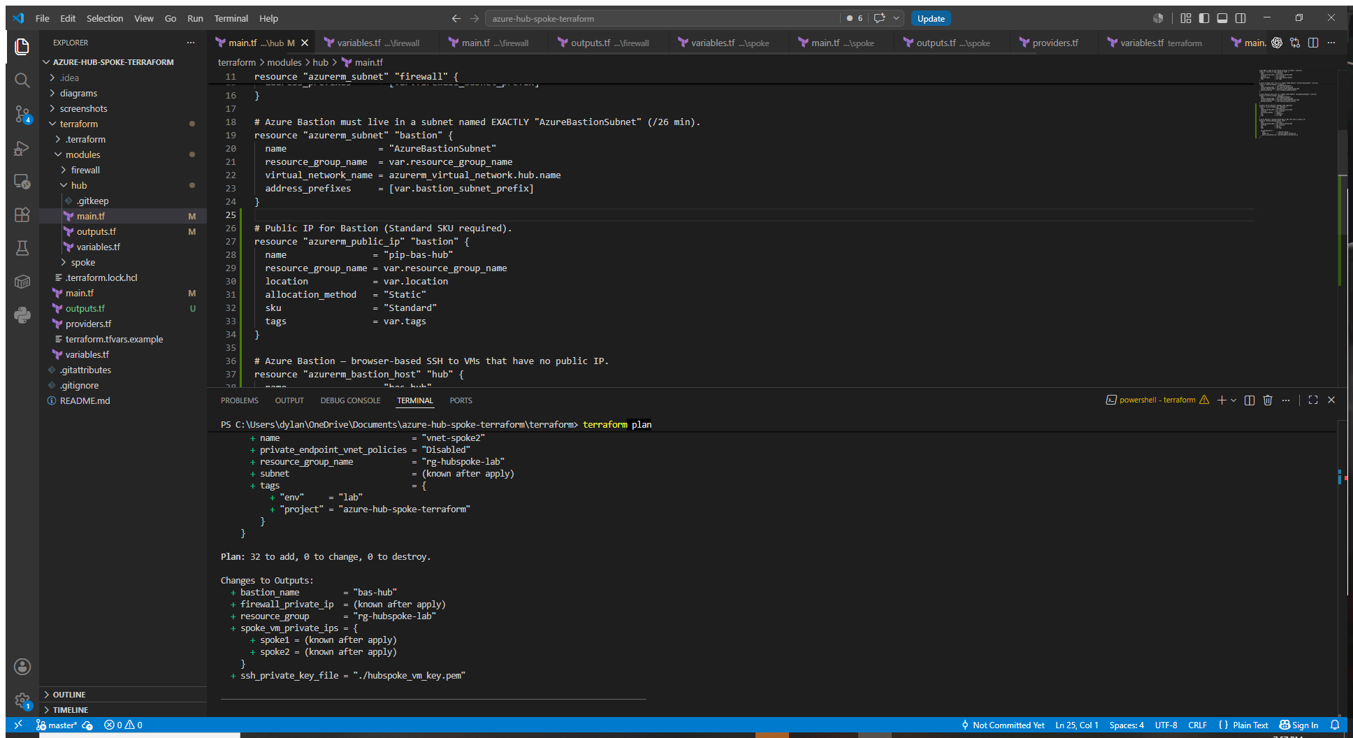 VS Code showing reusable Terraform modules and a plan for 32 Azure hub-and-spoke resources